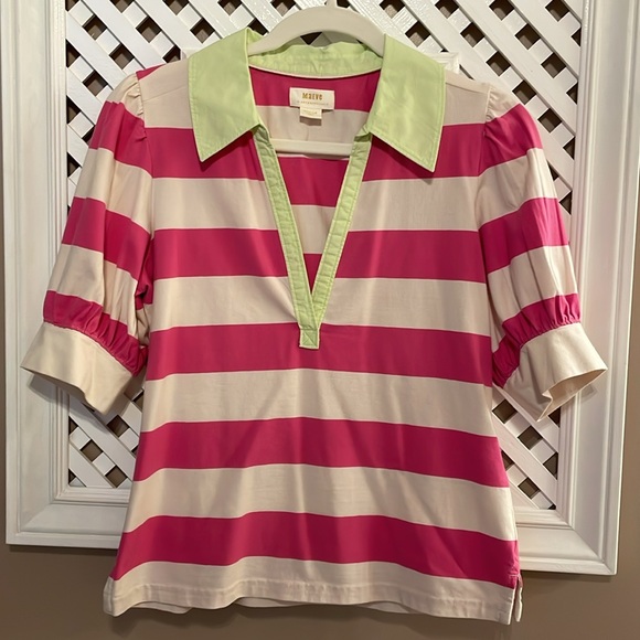EUC Maeve Anthro puff sleeve pink stripe polo preppy 80s vibe size medium - Picture 2 of 8